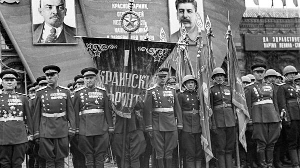 Командование I Украинского фронта на Параде Победы. Первый слева - маршал Иван Степанович Конев